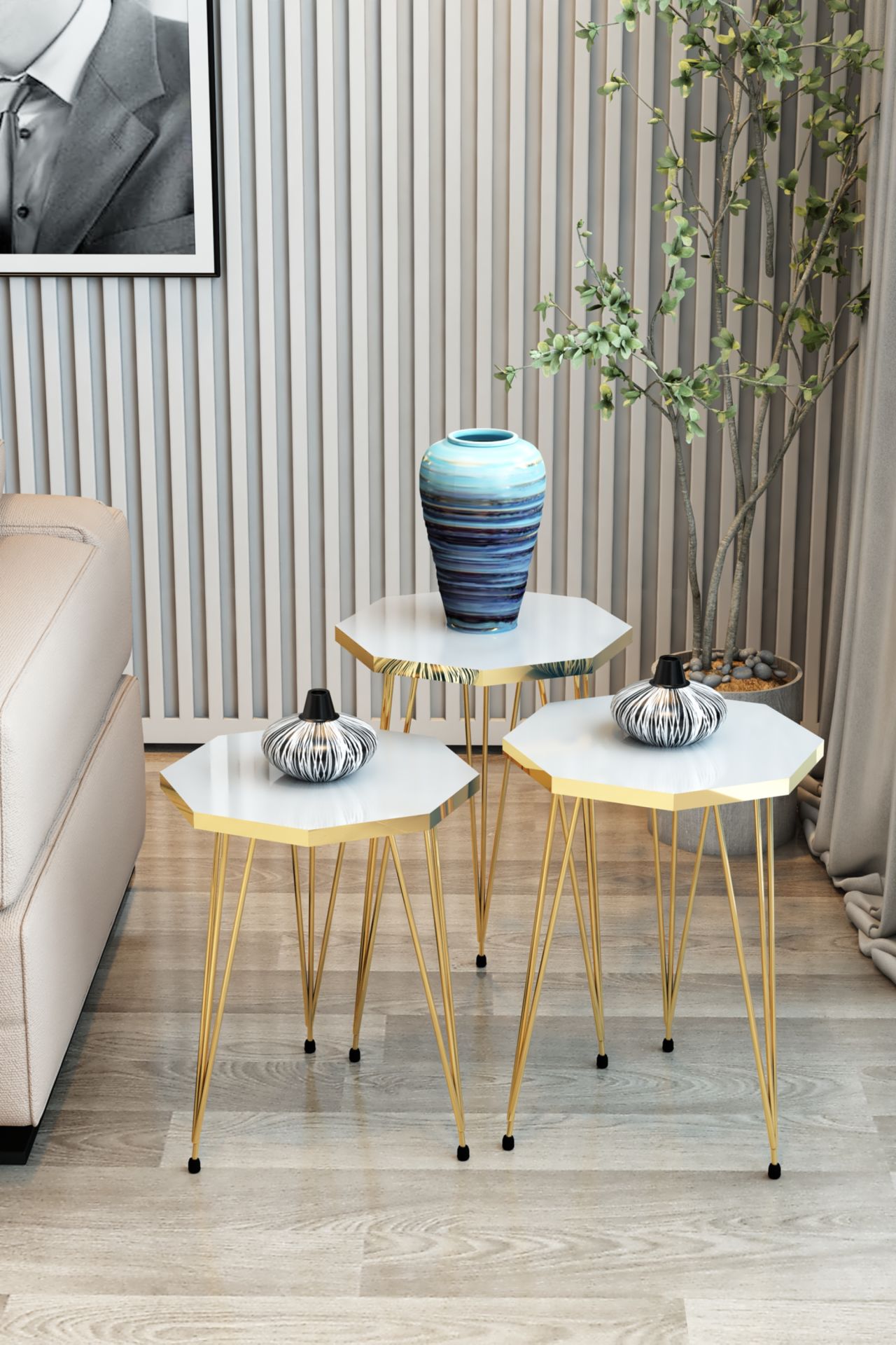 3'lü Zigon Sehpa Gold Serisi Sekizgen Model Zigon Sehpa Metal Tel Ayak