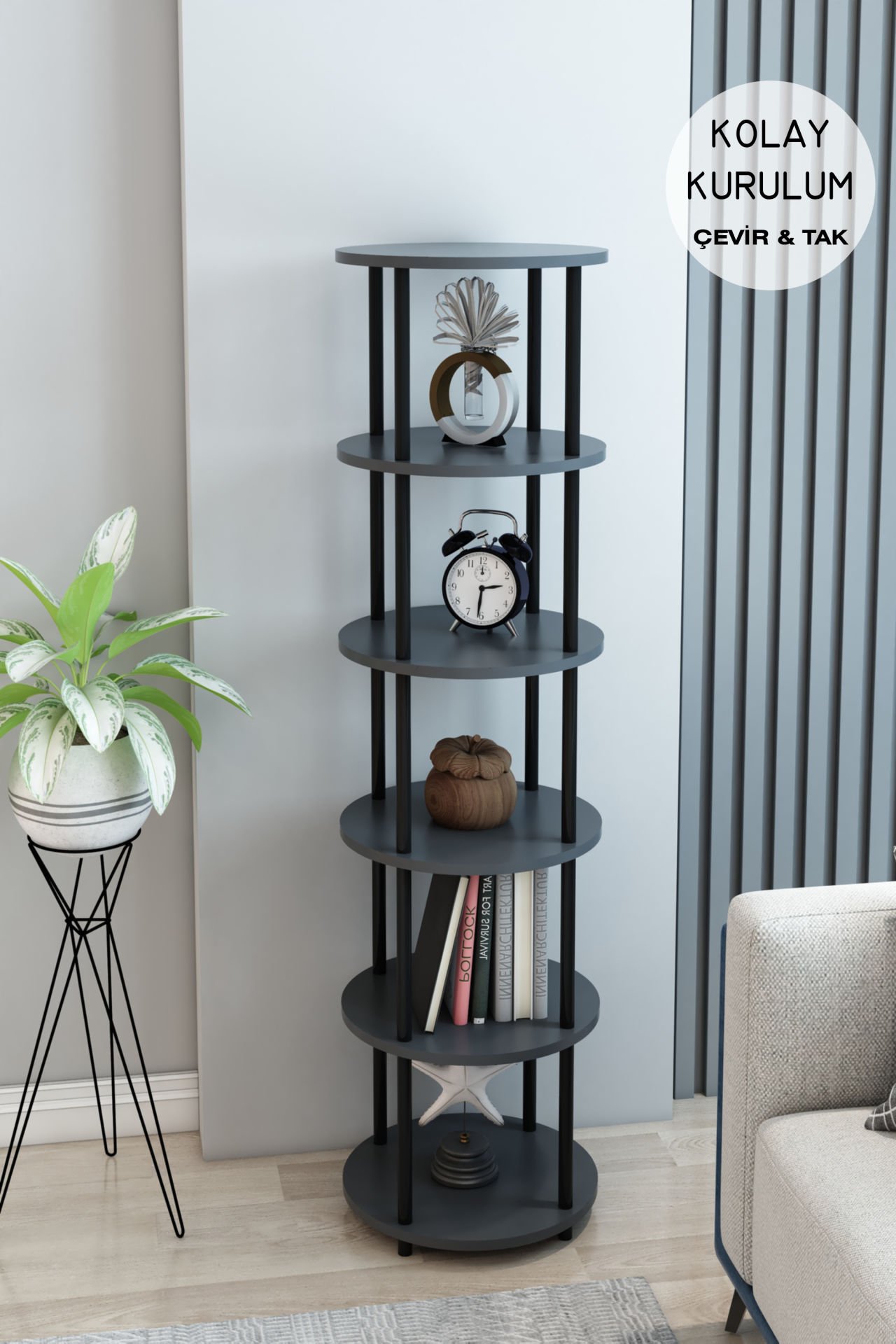 6 Raflı Yuvarlak Tasarım Kitaplık Ofis Salon Kitaplığı Modern Şık Tasarım Kolay Montaj