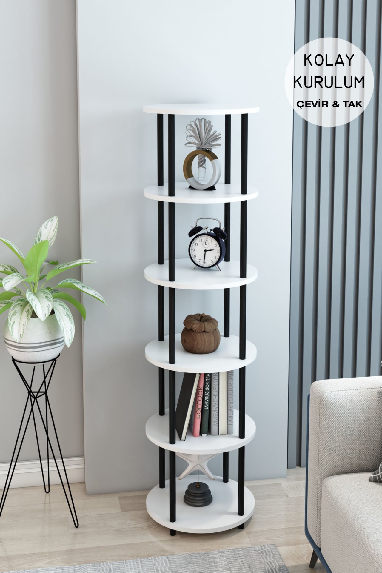 6 Raflı Yuvarlak Tasarım Kitaplık Ofis Salon Kitaplığı Modern Şık Tasarım Kolay Montaj