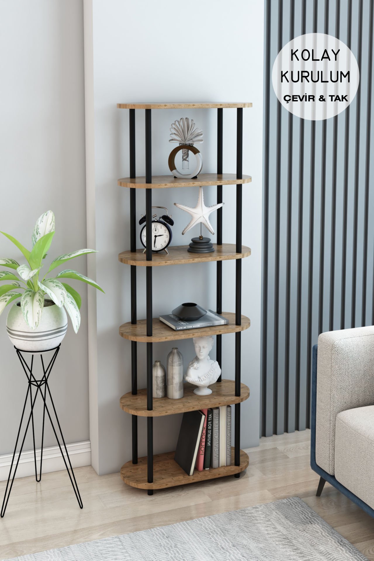 6 Raflı Oval Tasarım Kitaplık Ofis Salon Kitaplığı Modern Şık Tasarım Kitaplık Dosya Rafı Çevir Kur Kolay Montaj