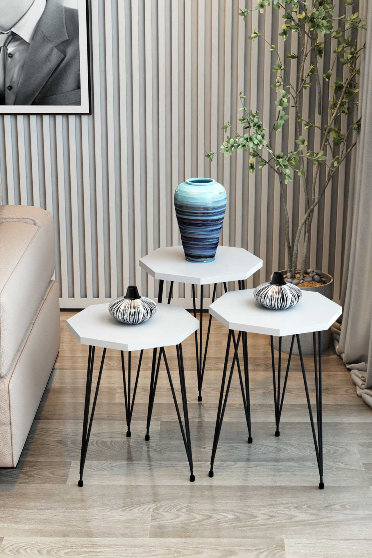3'lü Zigon Sehpa Sekizgen Model Zigon Sehpa Metal Tel Ayak
