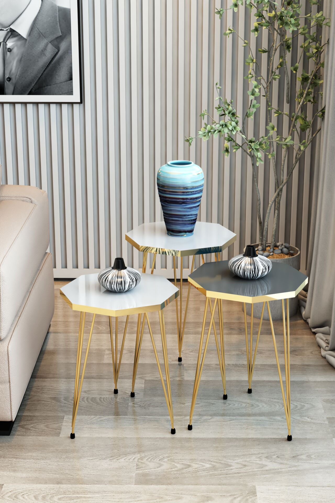 3'lü Zigon Sehpa Gold Serisi Sekizgen Model Zigon Sehpa Metal Tel Ayak