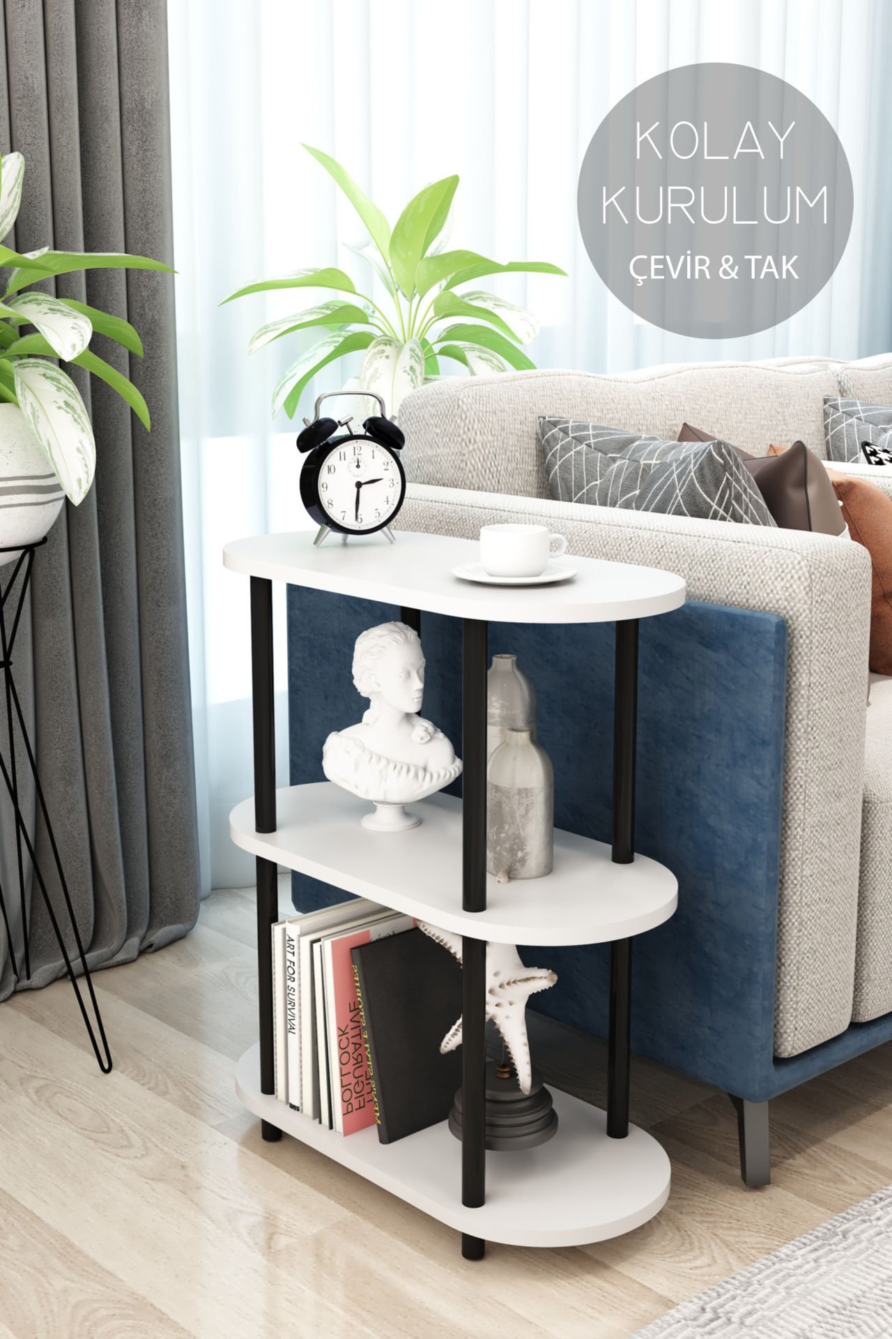 3 Raflı Oval Tasarım Çevir Tak Yan Sehpa Kitaplık Dekoratif Özel Tasarım Kolay Montaj