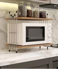 Mikrodalga Üstü Raf Tezgah Üstü Mutfak Organizer Çam Gümüş Tel Ayaklı Çok Amaçlı Raf Düzenleyici