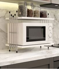 Mikrodalga Üstü Raf Tezgah Üstü Mutfak Organizer Beyaz Gümüş Tel Ayaklı Çok Amaçlı Raf Düzenleyici